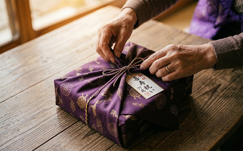 喜寿祝いの紫の風呂敷でギフトを包む手元のクローズアップ