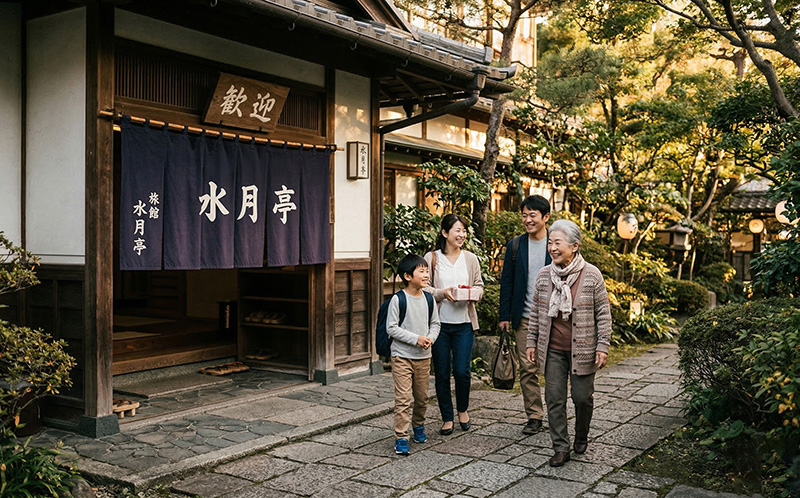 お祝いの旅館に到着する家族と出迎える仲居