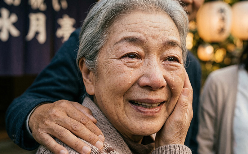 お祝いの席で感動の涙を浮かべる高齢女性のポートレート