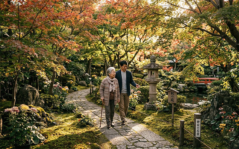 紅葉の日本庭園を杖をつきながら散歩する高齢女性と付き添う男性