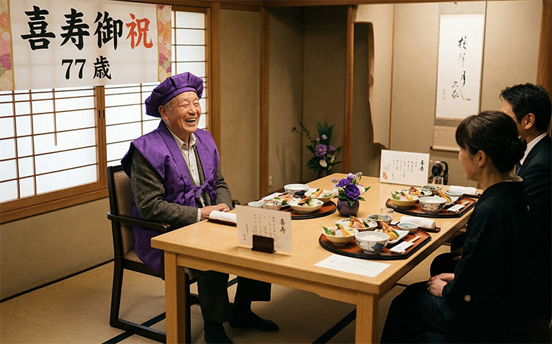 料亭個室の椅子席で懐石料理を楽しむ紫のちゃんちゃんこ姿の77歳男性