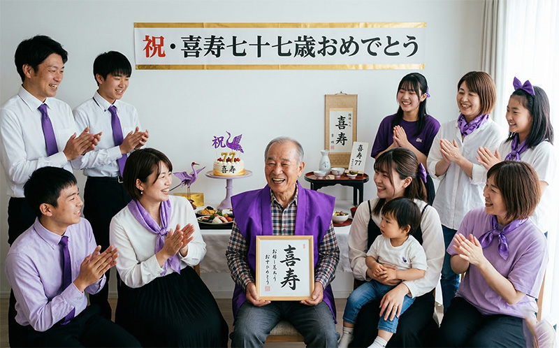 紫のアクセントを身につけた家族と喜寿の主役を囲む集合写真