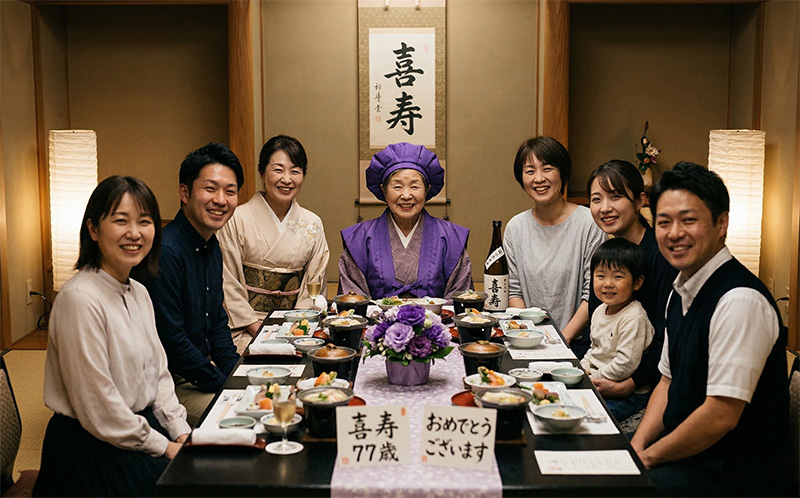料亭個室で紫のちゃんちゃんこ姿の77歳女性を囲む家族の集合写真