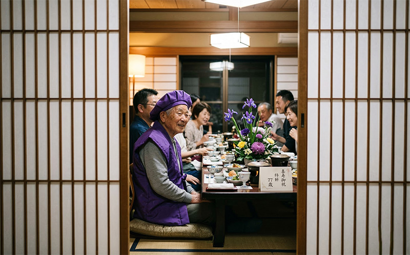 障子の隙間から見える喜寿祝いの食事会と紫のちゃんちゃんこ姿の主役