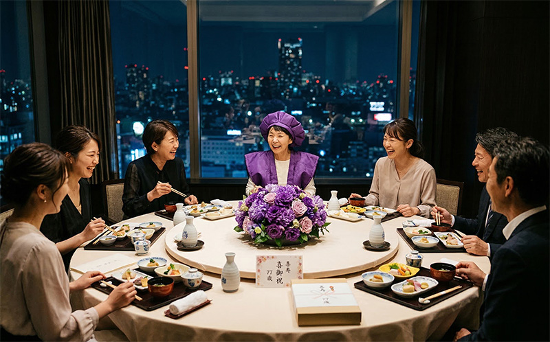 ホテル夜景個室で喜寿祝いのコース料理を囲む8人家族