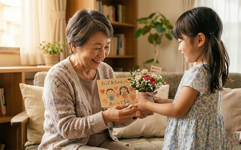 敬老の日に手作りカードと花束をおばあちゃんに渡す5歳の女の子