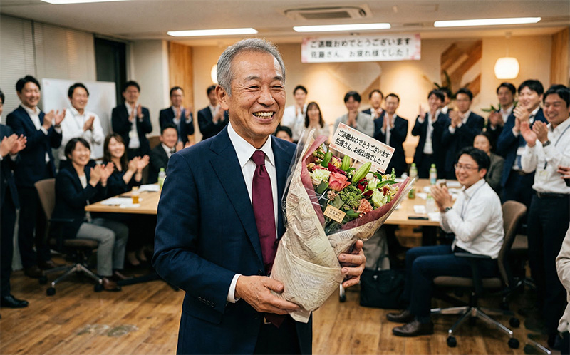 退職式で花束を受け取り笑顔を見せる紺スーツの60代男性