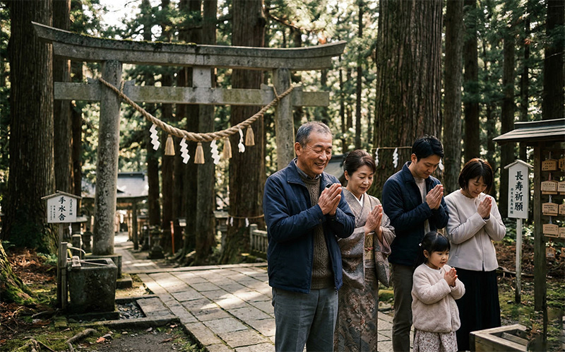 杉の木に囲まれた神社の鳥居前で参拝する60代男性と家族