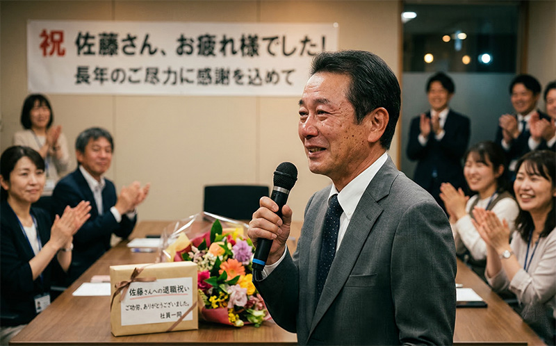 退職送別会でマイクを持ち感動のスピーチをする60代男性