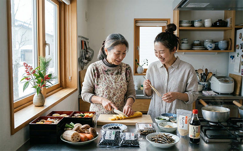明るいキッチンでおせち風の料理を一緒に準備する母と娘