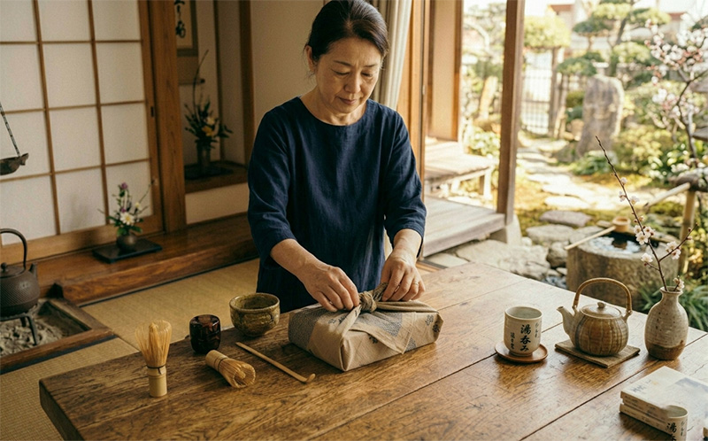 和室でベージュの風呂敷にギフトを丁寧に包む女性の手元