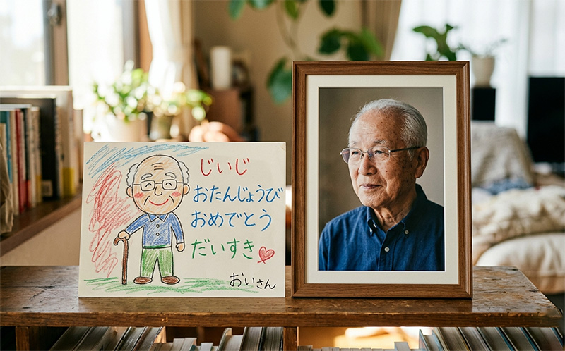 孫が描いたおじいちゃんのクレヨン画と額装された写真の対比