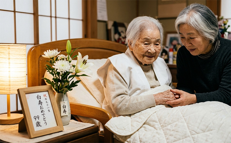 ベッドに座る99歳の白寿の主役と手を握る70代の娘