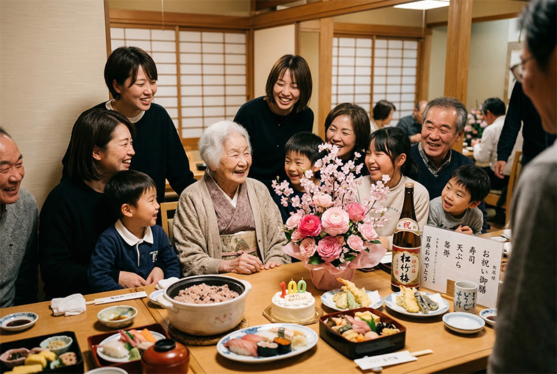 百寿祝いの食事会で家族に囲まれて笑顔の100歳女性