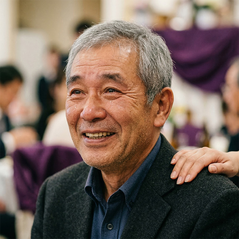 古希祝いの席で感動の涙を浮かべる70歳の男性