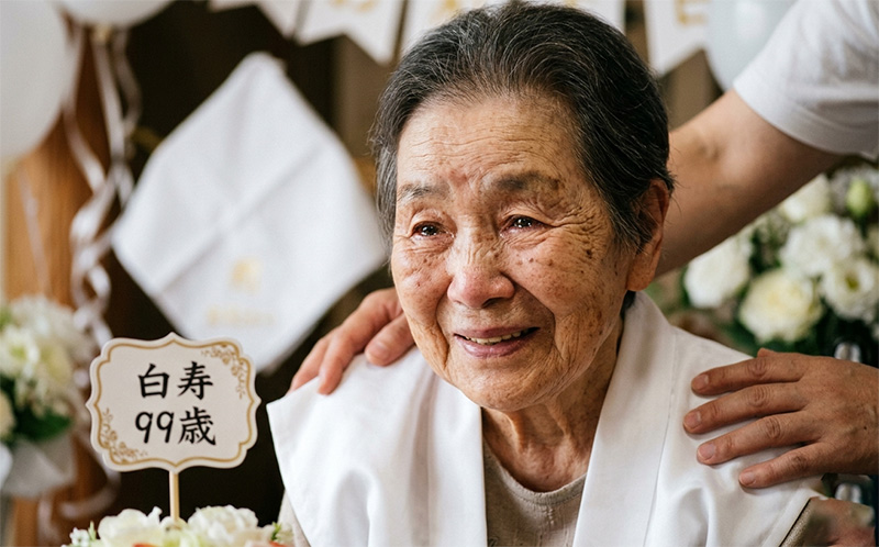 白寿のお祝いで感動の涙を浮かべる99歳女性のポートレート
