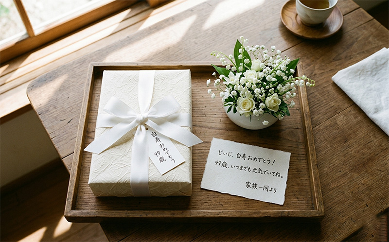 木のトレイに置かれた白リボンの贈り物と手書きカードと白い花