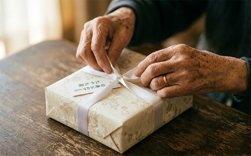 白いリボンが結ばれた白寿祝いの贈り物を開ける99歳の手元