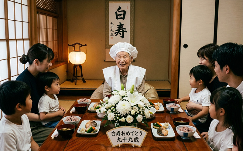 和室で白いちゃんちゃんこの99歳女性を囲む家族の白寿祝い