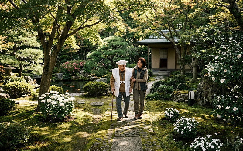 日本庭園の石畳を杖をついて散歩する99歳男性と付き添う家族