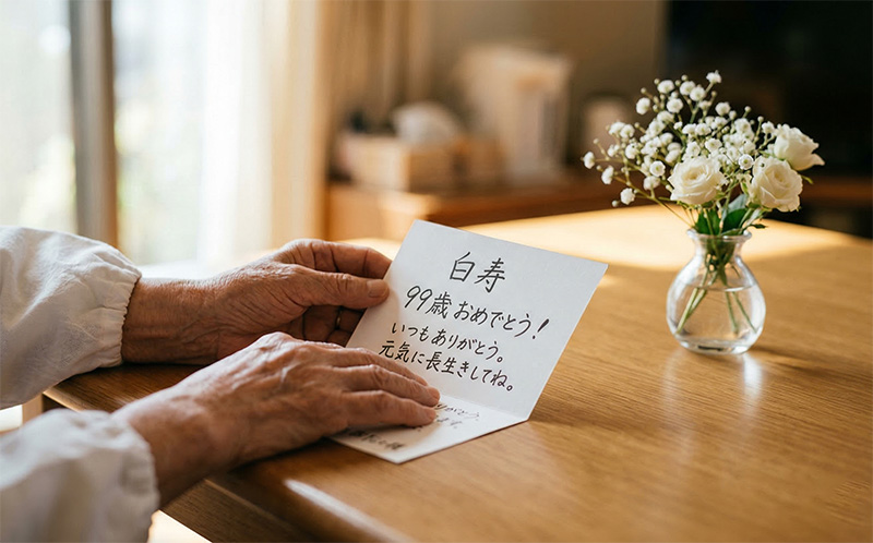 白寿のお祝いメッセージカードを読む高齢女性の手元と白い花