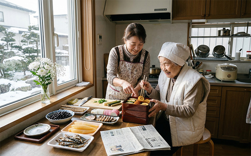 明るいキッチンでおせち風の祝い料理を準備する娘と99歳の母