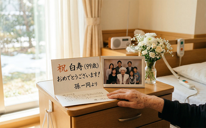 施設のベッドサイドに飾られた白寿祝いの手紙と家族写真と白い花