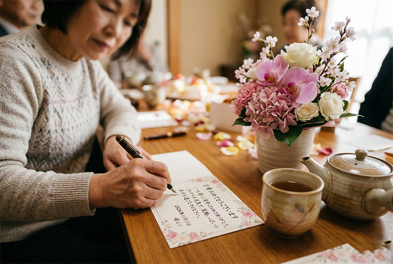 花飾りのメッセージカードに古希祝いの言葉を書く女性
