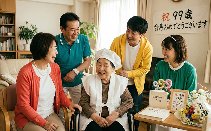 車椅子に座る白いちゃんちゃんこの99歳女性を囲む笑顔の家族