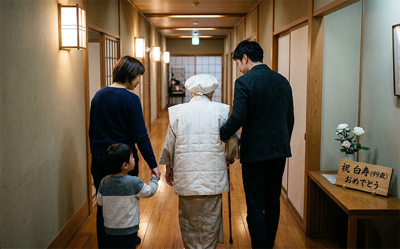 旅館の木造廊下を99歳の主役と家族が歩く後ろ姿