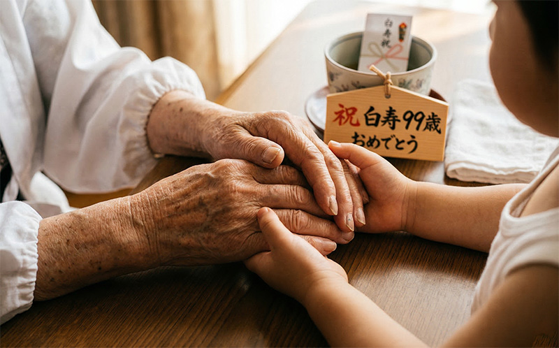 99歳の祖父の皺のある手と孫の小さな手が優しく重なる