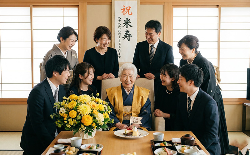 金色のちゃんちゃんこを着た88歳女性を囲む家族の米寿祝い