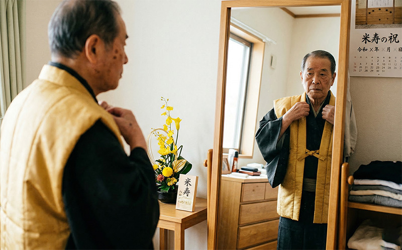 鏡の前で金色のちゃんちゃんこを整える88歳男性
