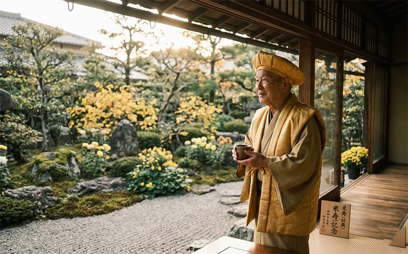 縁側から庭を眺めお茶を持つ金色ちゃんちゃんこの88歳男性