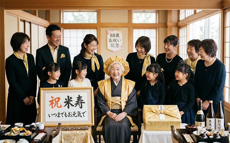 黄色のアクセントを身につけた家族と米寿の主役を囲む記念集合写真