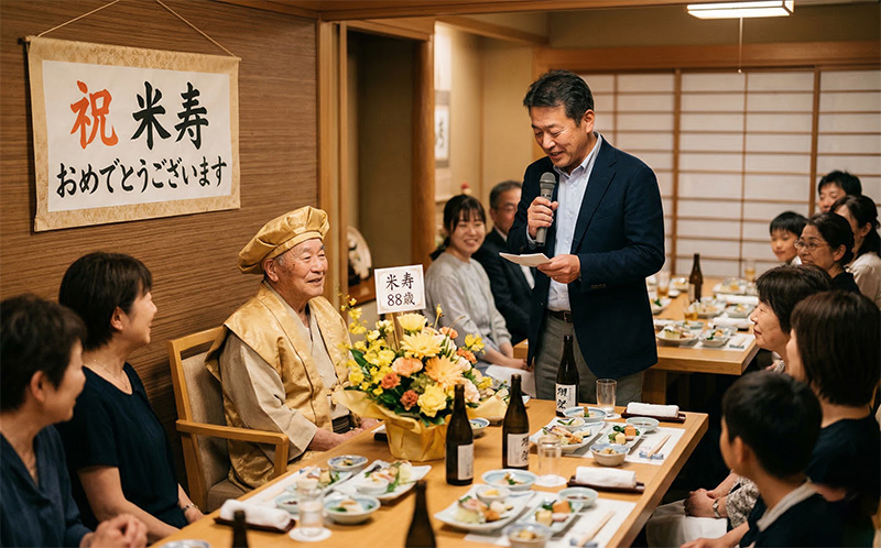 米寿祝いの宴席で息子がスピーチし88歳の父が笑顔で聞く場面