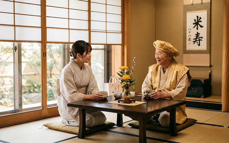 畳の間で金のちゃんちゃんこの88歳男性と家族がお茶を楽しむ