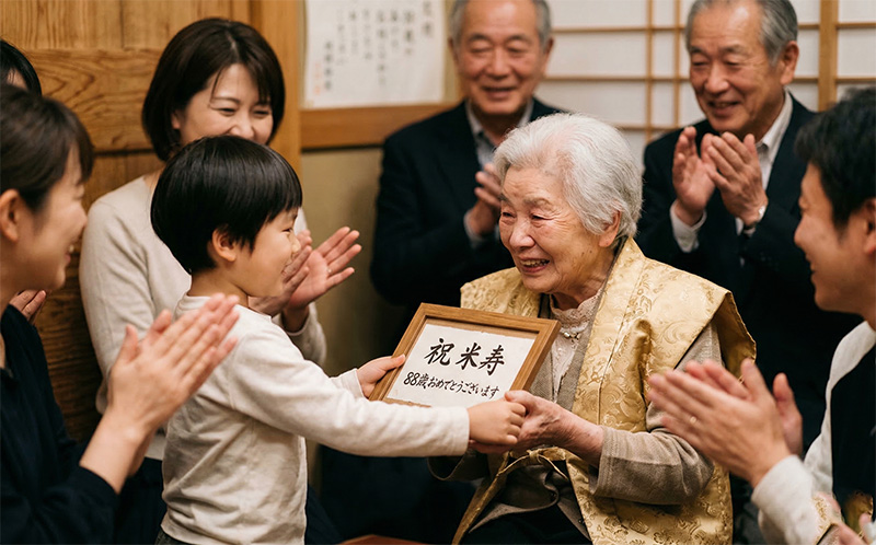 小さな孫が額装ギフトを米寿の祖母に手渡し感動する場面