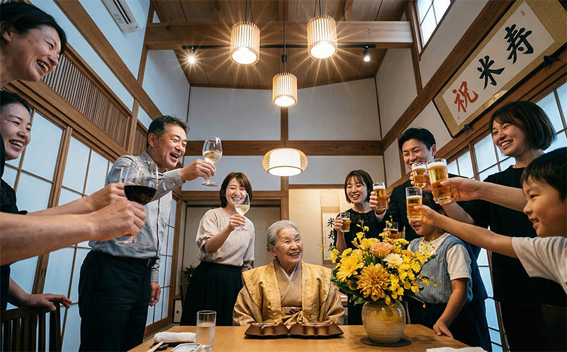 米寿祝いの乾杯シーン、家族がグラスを掲げ88歳の主役が微笑む