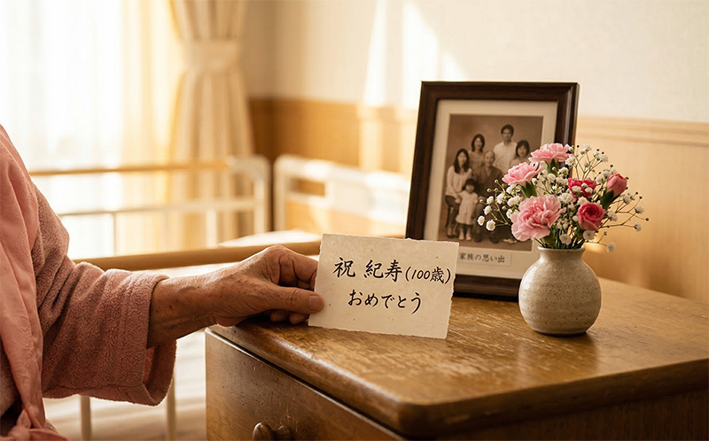 介護施設のベッドサイドに飾られた紀寿祝いのピンクの花と家族写真