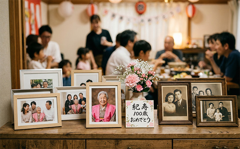 紀寿100歳祝いの会場に並ぶセピア写真と最近の家族写真フレーム