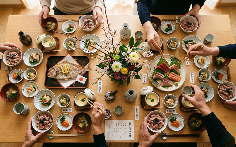 祝いの懐石料理が並ぶテーブルを俯瞰で見た食卓風景