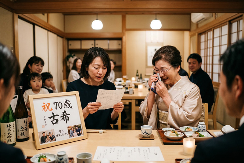 古希祝いの席で娘が母に手紙を読み上げる感動的な場面