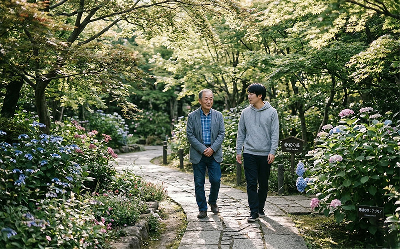 日本庭園の石畳を退職した60代男性と家族が散歩する風景