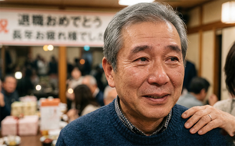 退職送別会で感動の涙を浮かべる60代男性のポートレート