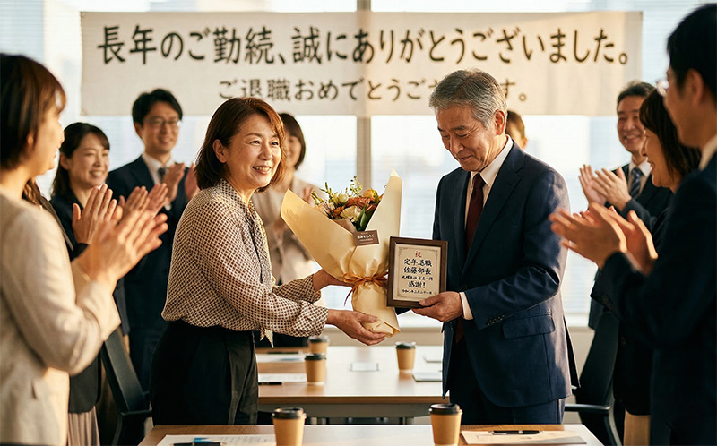 退職式で50代女性から花束と額装ギフトを受け取る60代男性上司