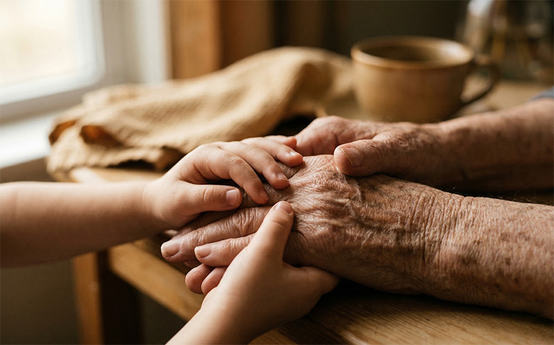 高齢者の皺のある手と孫の小さな手が優しく重なる