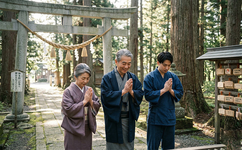 杉の木に囲まれた神社の鳥居前で参拝する60代男性と家族