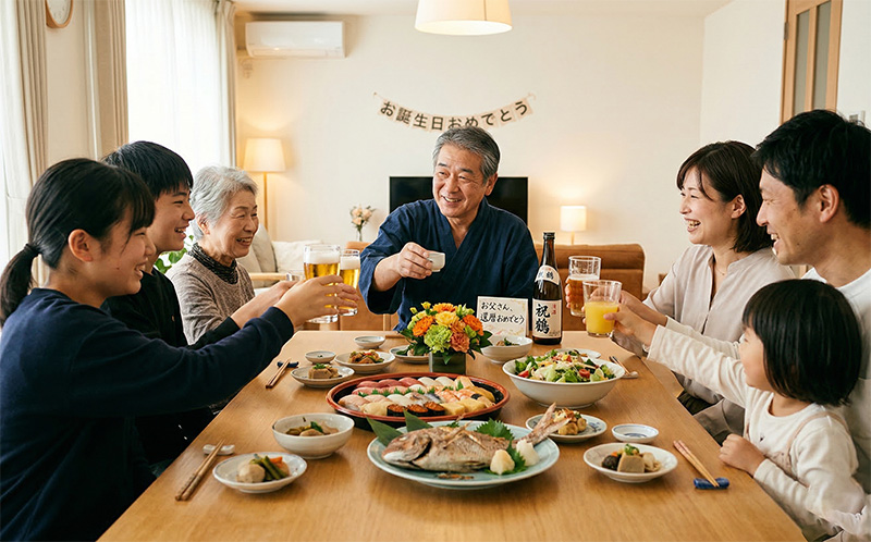 明るいリビングダイニングで退職祝いの食事を楽しむ6人家族