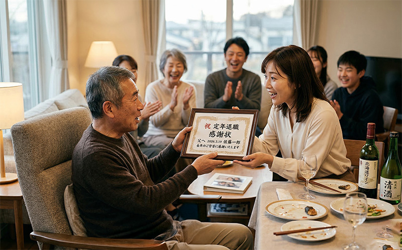 リビングで30代の娘から額装の感謝状を受け取る退職した60代の父